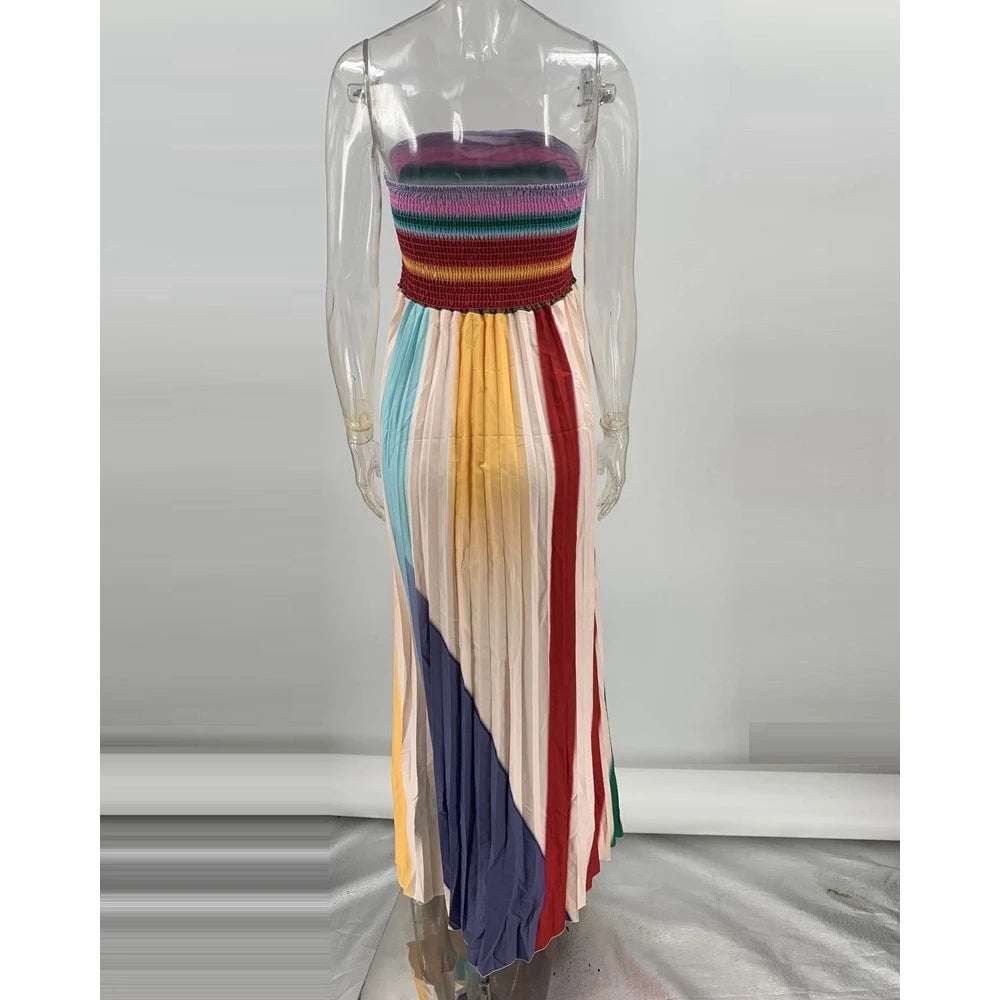2025 Women's Rainbow Bandeau Pleated Ruched Party Maxi Dress Summer Femme Slim Fit Sleeveless Colorful Elegant Dresses