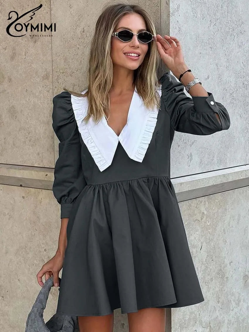 Oymimi Elegant Black Patchwork Women's Dress Casual Peter Pan Collar Three Quarter Sleeve Dresses Fashion Pleated Mini Dresses