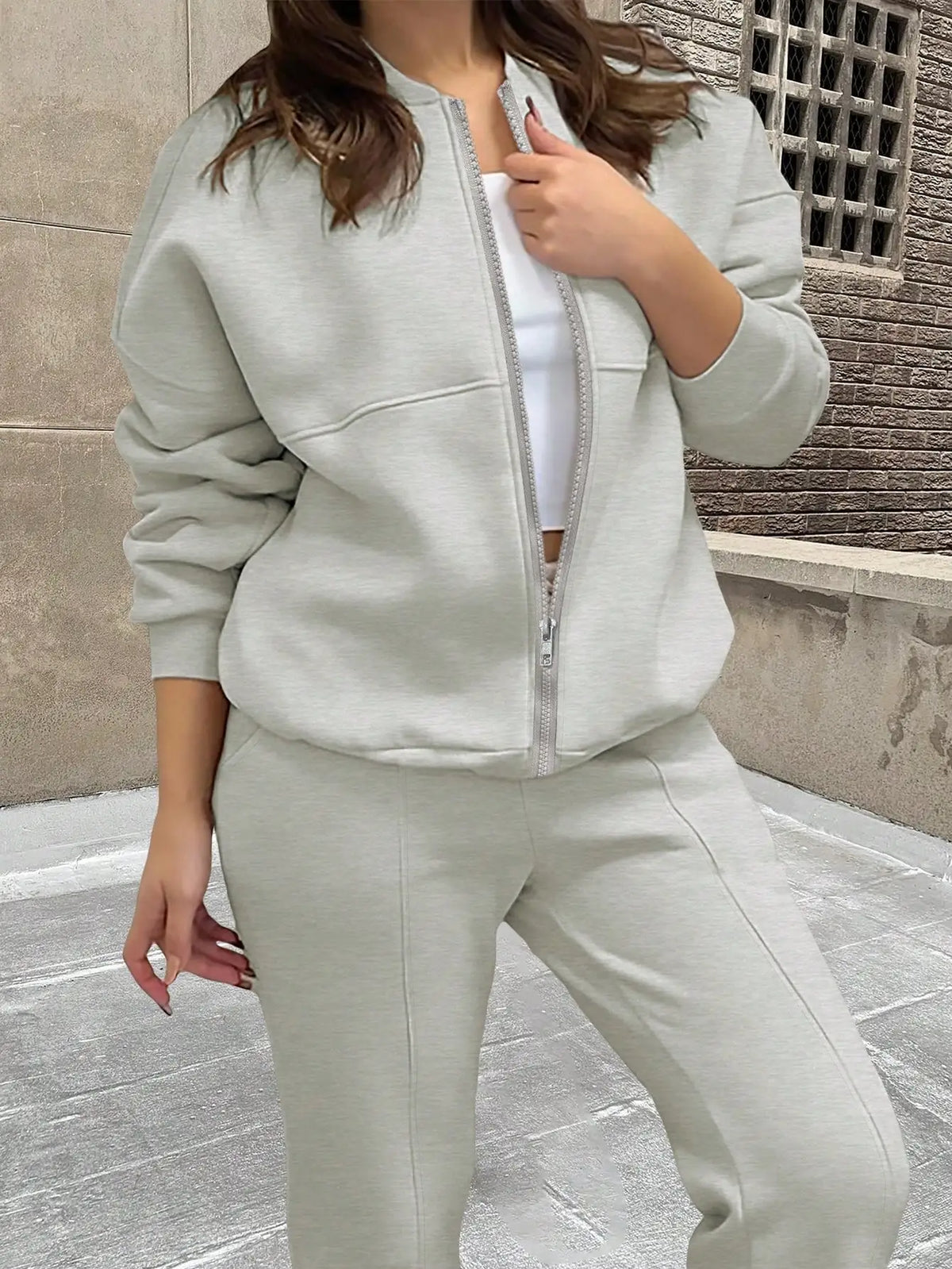 2026 Fall/Winter Fashion New Solid Color Simple Sweatshirt Jacket with Pockets and Straight-Leg Pants Set, Casual and Versatile Two-Piece Outfit