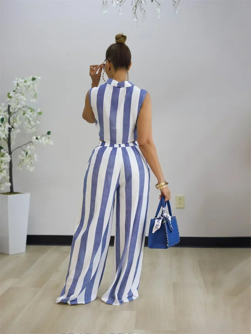 Striped Two Piece Shirt And Wide Leg Pants Set for Women