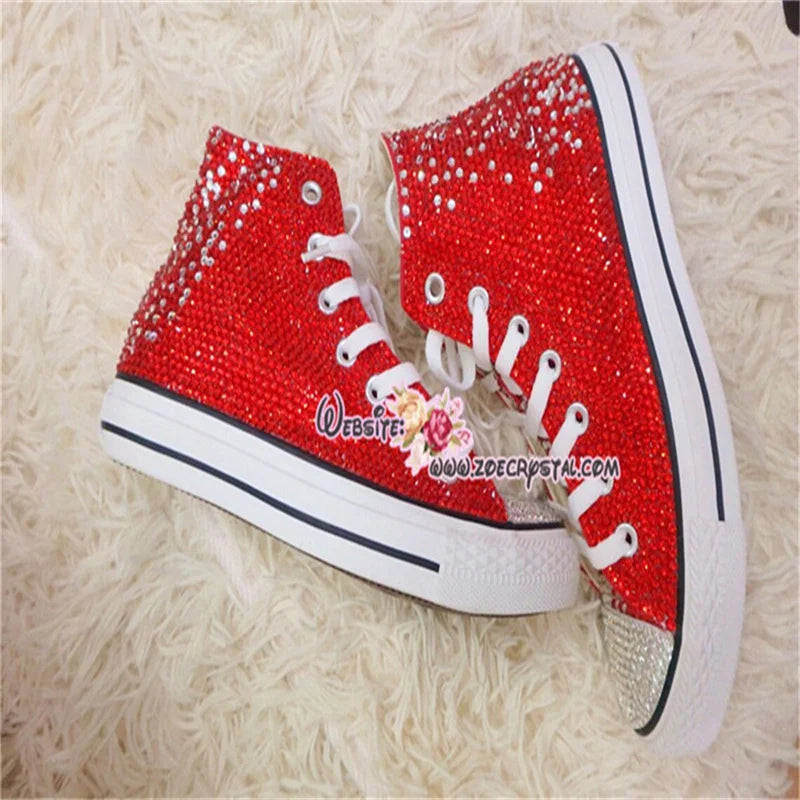 Red Rhinestone Lace Up High Top Canvas Shoes for Women