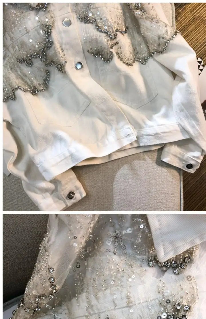 Mesh Sequined Denim Jacket for Women, Loose Coat and Stylish Top Trend for Spring 2025