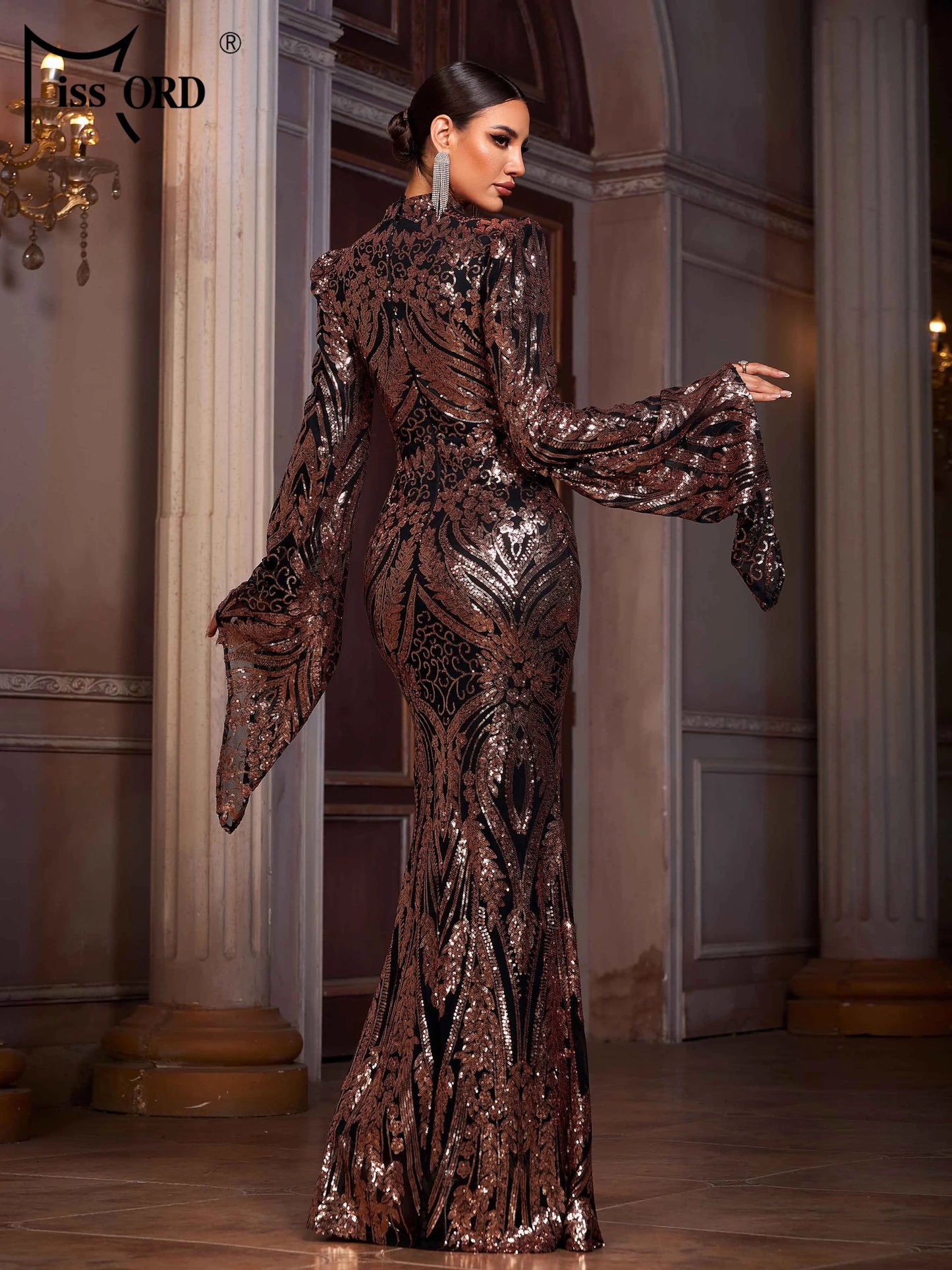 Missord New Round Neck Flare Sleeve Sequin Mermaid Evening Gown Geometry Wedding Birthday Party Formal Occasion Maxi Dresses