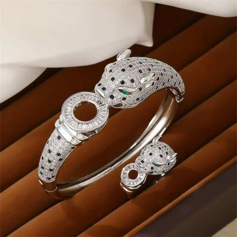Leopard Pave Bracelet and Ring Jewelry Set for Women