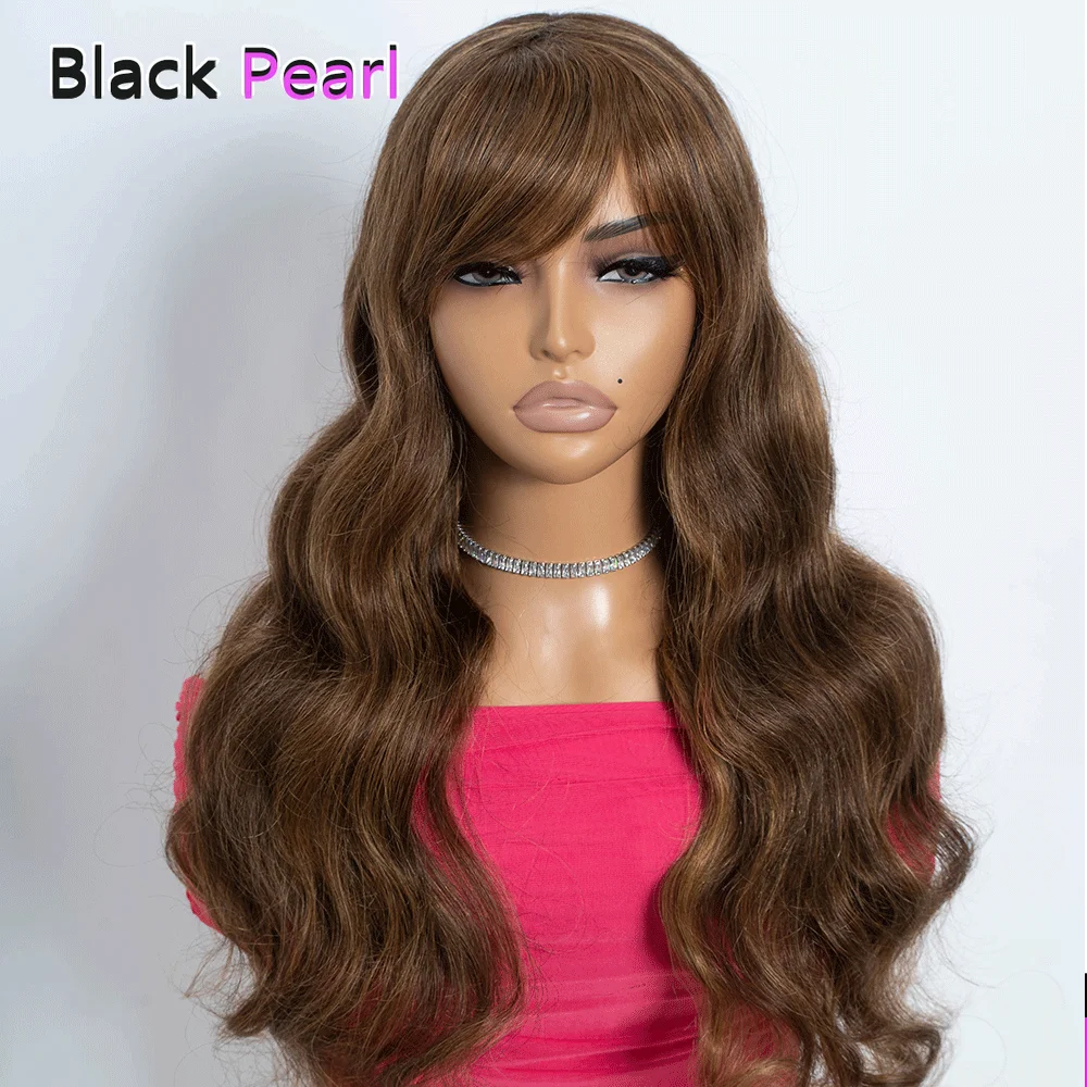 Brown Highlight Body Wave Human Hair Wig With Bangs For Women
