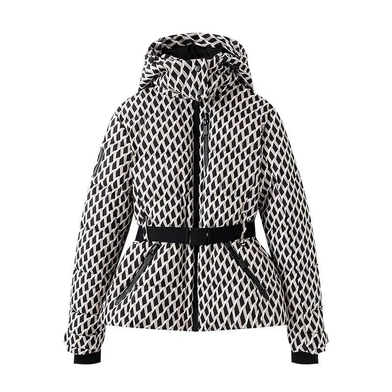 Hooded Windproof Padded Jacket And Pants Set With Belt for Women