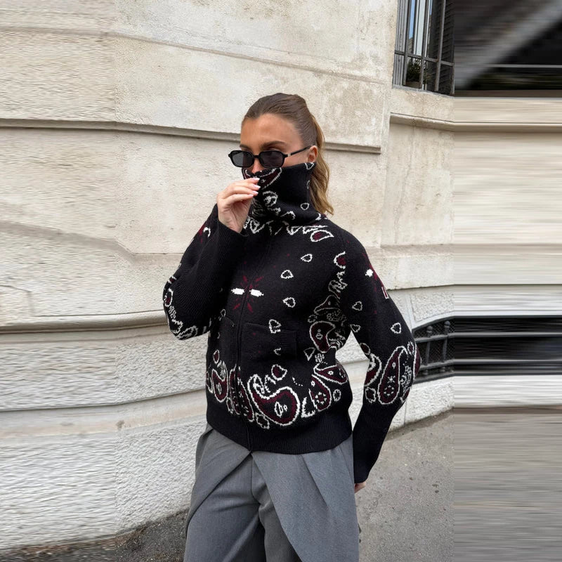 Gray Jacquard Knit Loose Cardigan Long Sleeve Casual for Women
