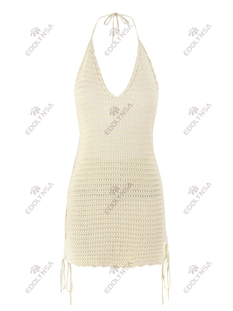 Solid Knit Halter V-neck Side Cross Straps Slim Beach Mini Dress 2025 Women Crochet Beach Swimsuit Cover Up Vacation Outfit K104