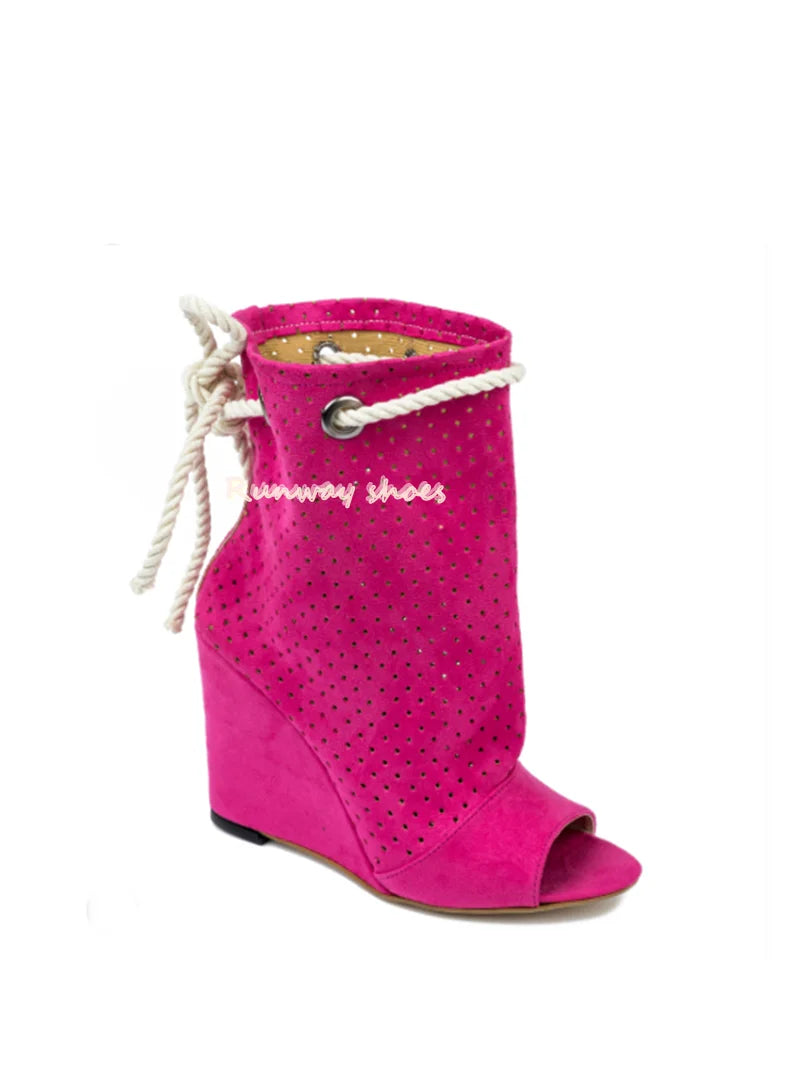 Breathable Suede Round Toe Open Toe Lace Up Ankle Boots for Women
