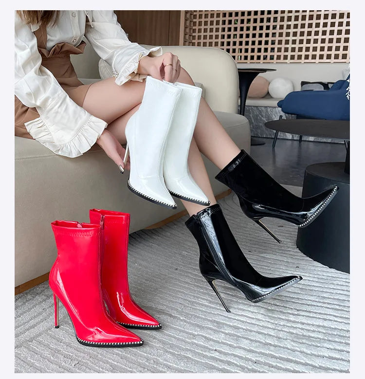Elegant Rhinestone Bordered Side Zipper High Heel Ankle Boots for Women