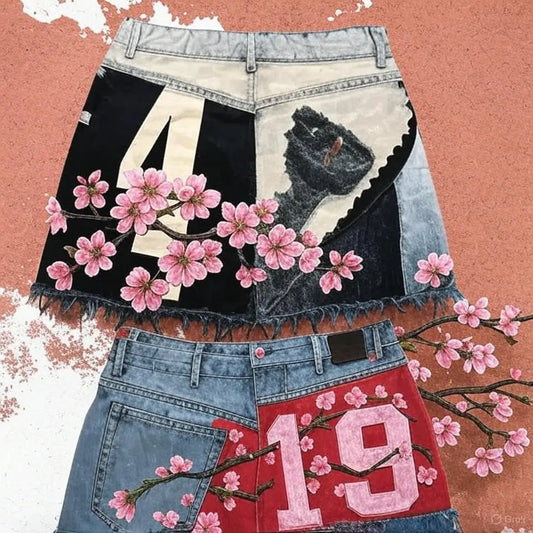 Gothic Fashion American Digital Splicing Mesh Skirt Y2K Shorts Women' Sweetheart Washed Baggy Shorts High Waist Slim Mini Skirt