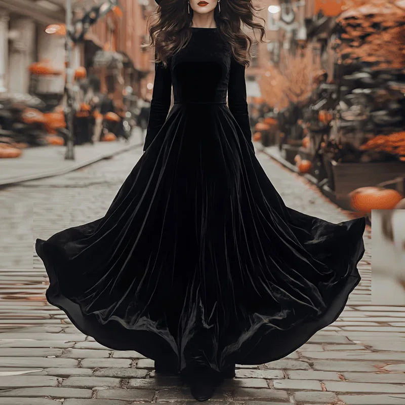 Elegant Velvet Long Sleeve A Line Maxi Dress for Women