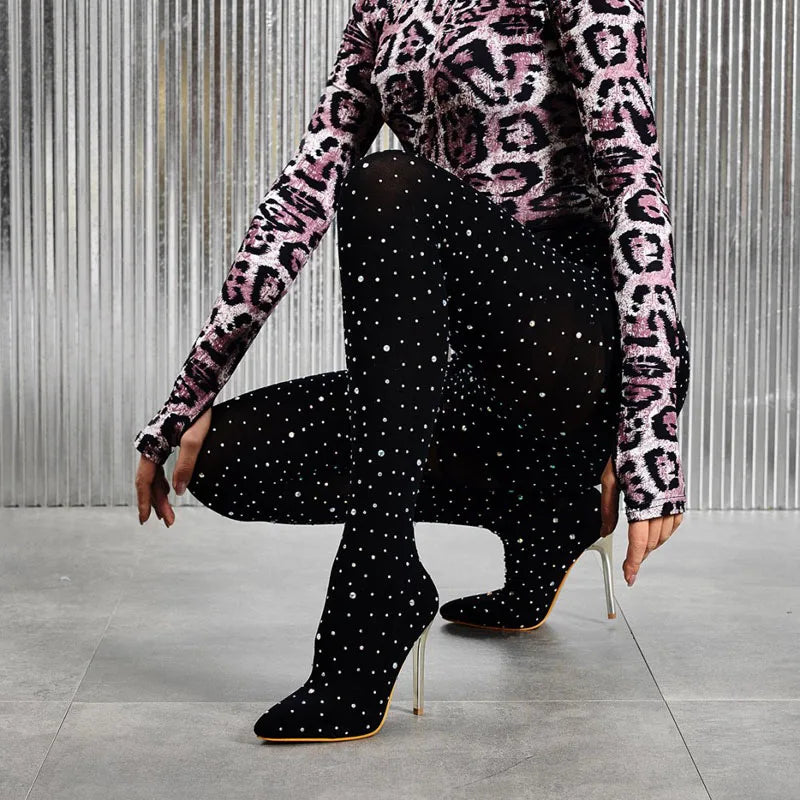 Black Lace Crystal Pointed Toe Over The Knee Boots For Women