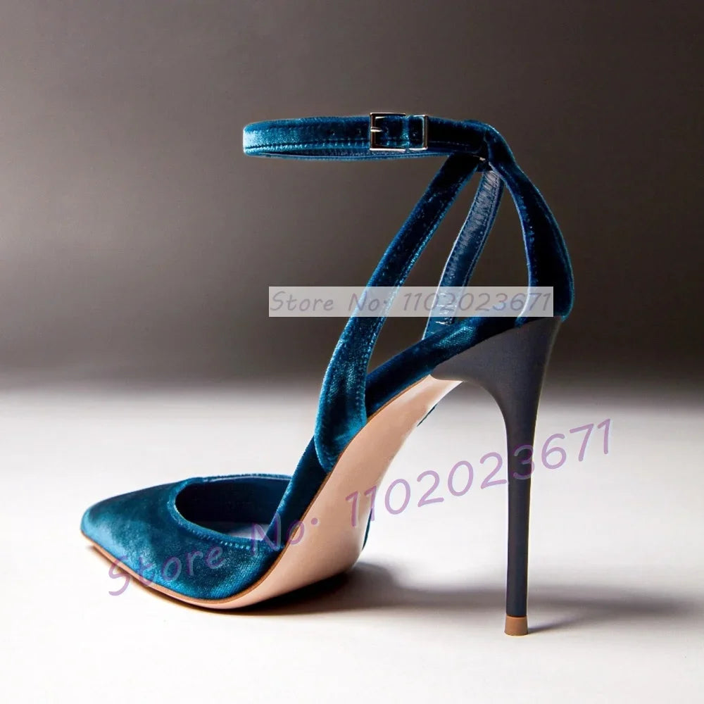 Blue Velvet Pointed Toe Stiletto Sandals with Buckle Ankle Strap for Women