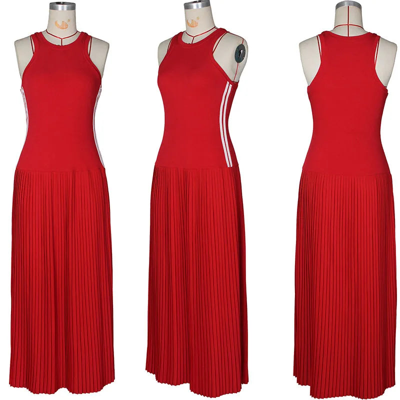 Side Striped Patchwork Pleated Sleeveless A Line Dress for Women