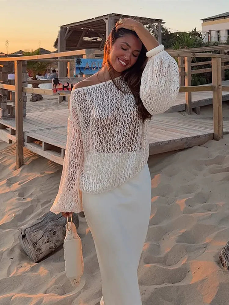White Hollow Crochet Off Shoulder Long Sleeve Top For Women