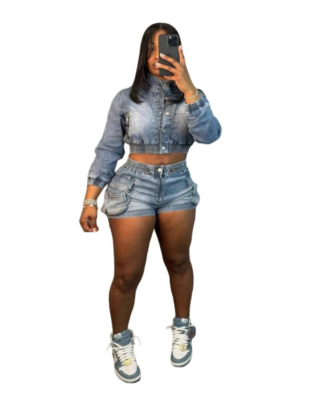 Summer Stretch Two-Piece Denim Shorts Set for Women
