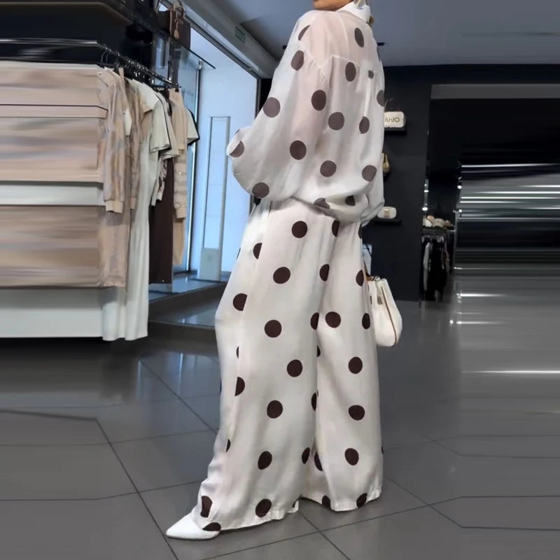 Elegant Polka Dot Print Chiffon Outfit Fashion Lapel Button Shirt & Long Pant Suit Women Casual Long Sleeve Pocket Loose 2Pc Set