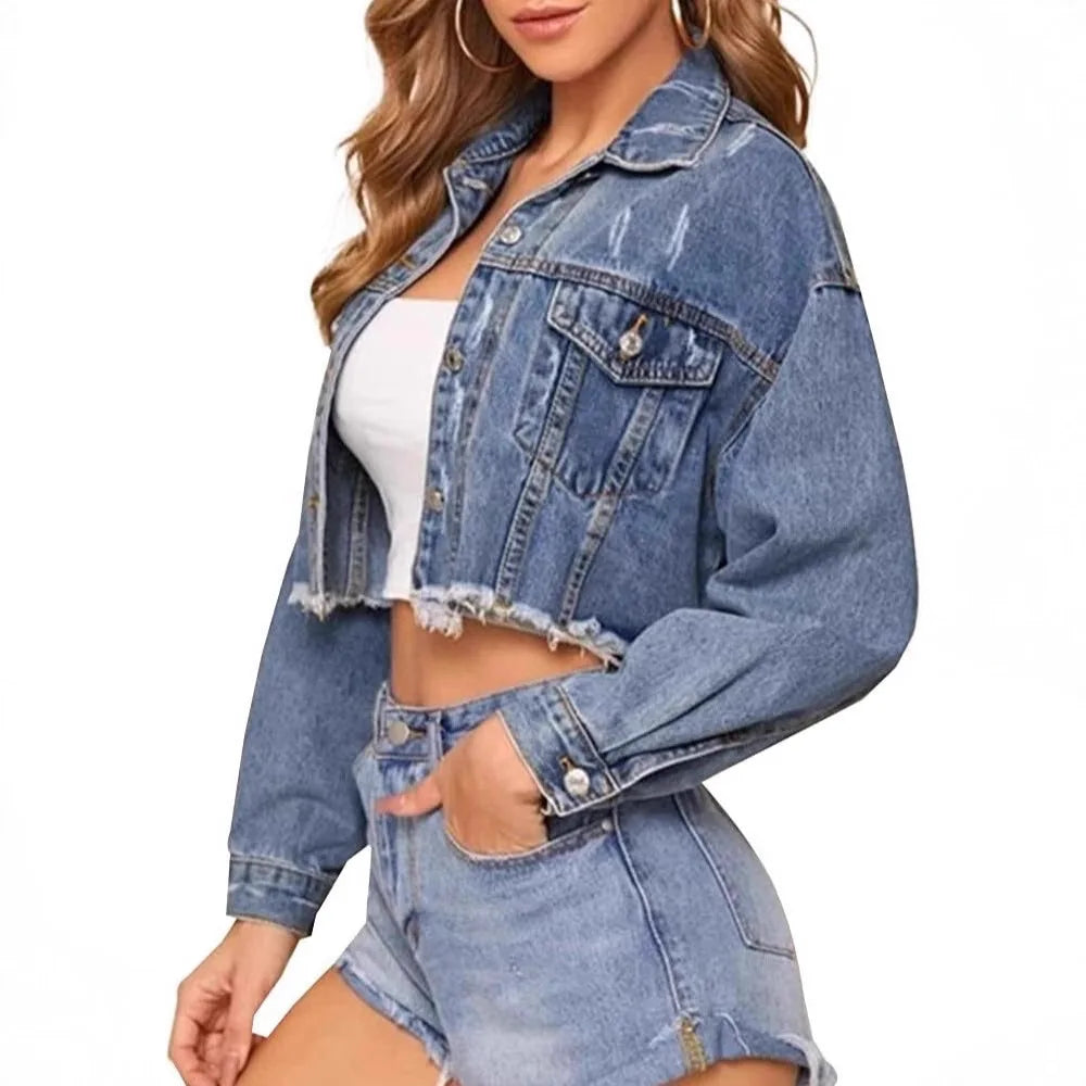 Vintage Distressed Denim Jacket With Turn Down Collar for Women