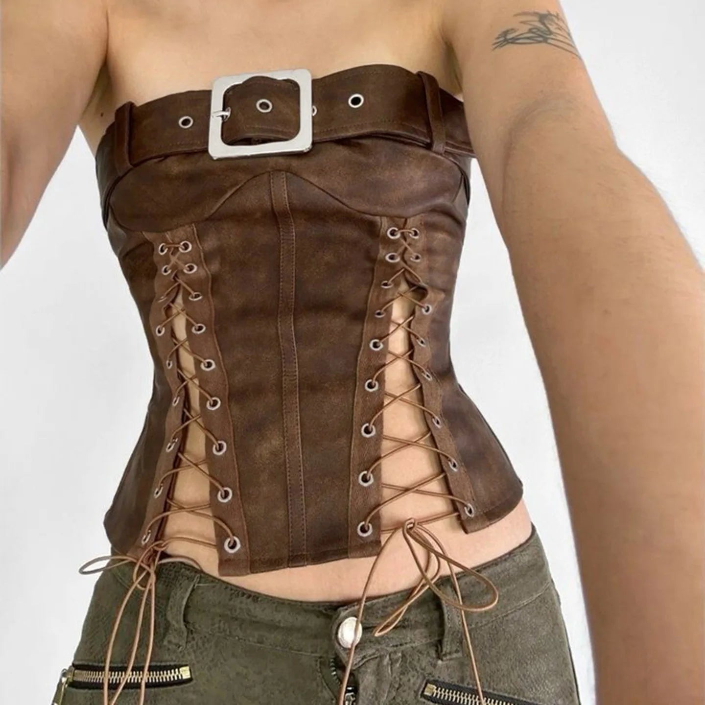 Sexy Leather Corset Vest, Cinched Waistband, Metal Buckle Top, Punk Style, Individualistic Street Style, Spicy Girl Outfit