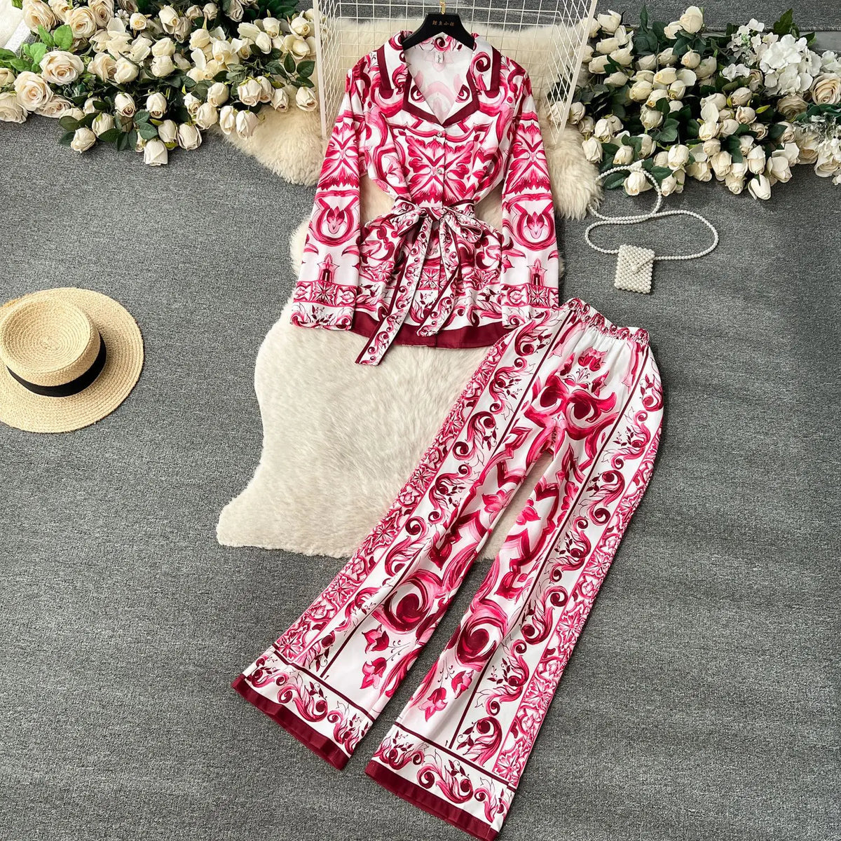 Casual Turn Down Collar Two Piece Pants Set for Women