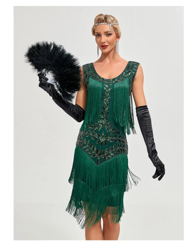 Sequined Beaded Embroidery O Neck Knee Length Dress for Women