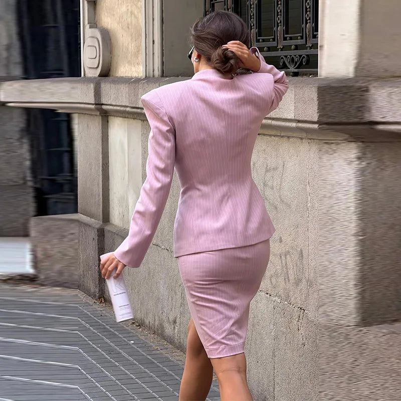 Elegant Striped V Neck Blazer Skirt Set With Long Sleeve Button Top for Women