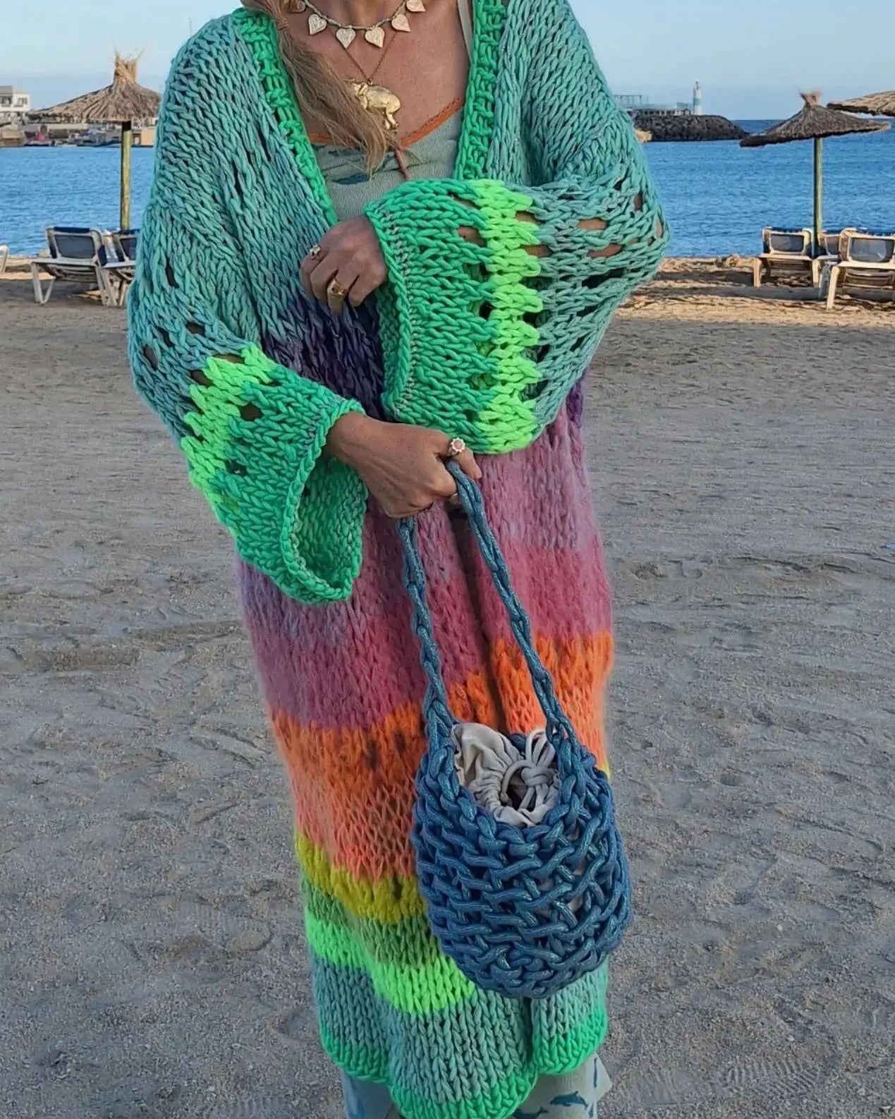 Boho Colorful Luxuriously Handknit Bell Sleeve Crochet Loose Kimono Cardigan 2024 Women Fall Winter Coat Beach Coverup Dress K12