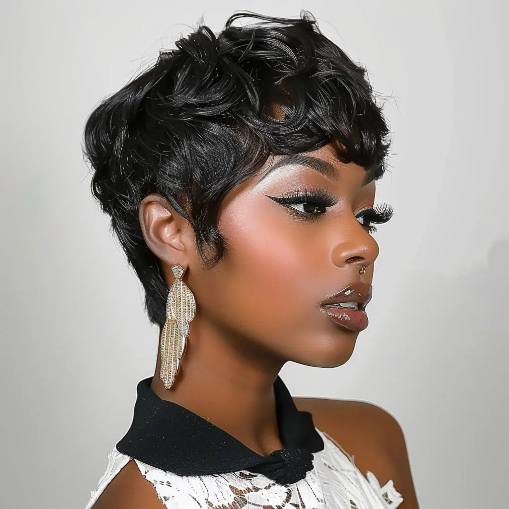 Synthetic Hair Natural Wavy Short Pixie Black Wig for Women