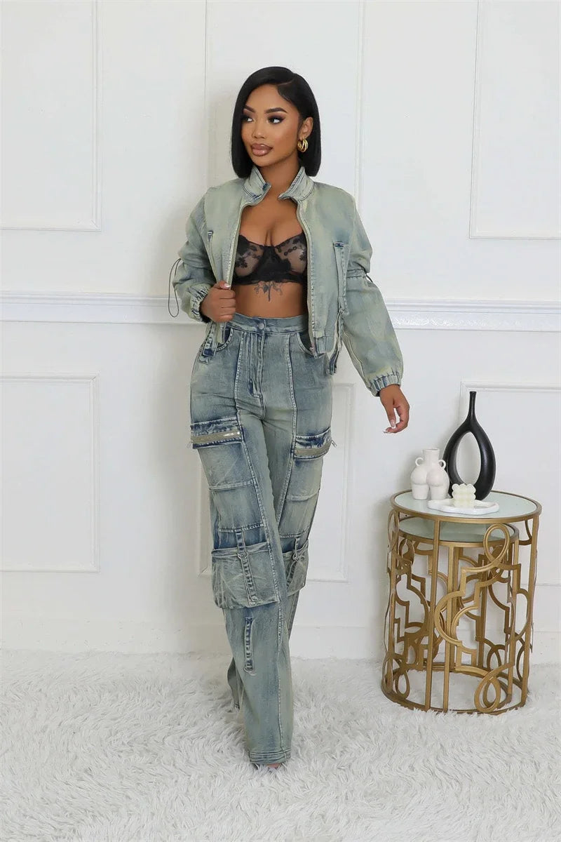Streetwear Denim Crop Top And Cargo Pants Set for Women