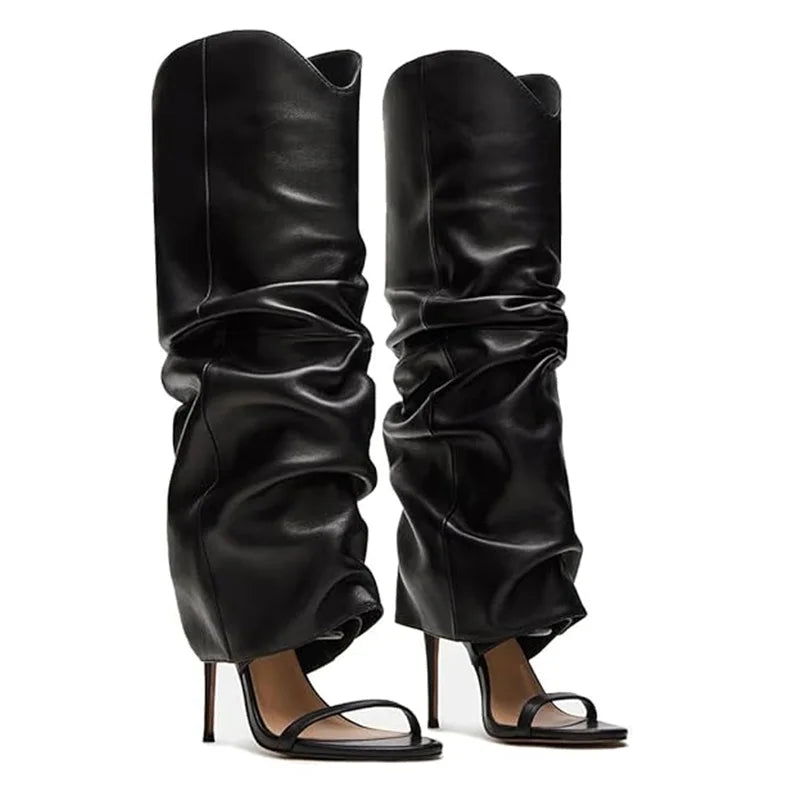 Pointed Toe Knee High Thin Heel Leather Boots for Women