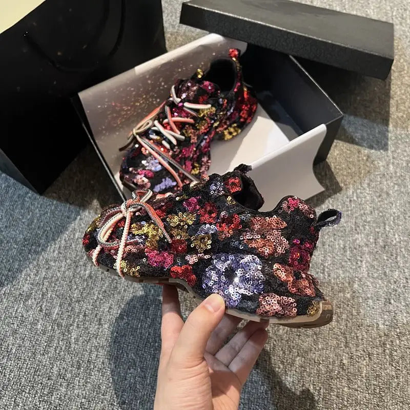 Sparkling Crystal Platform Lace Up Sneakers for Women