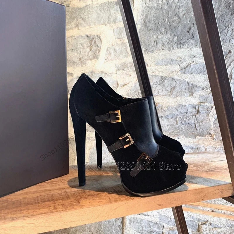 Black Patchwork Peep Toe Pumps With Side Zipper For Women