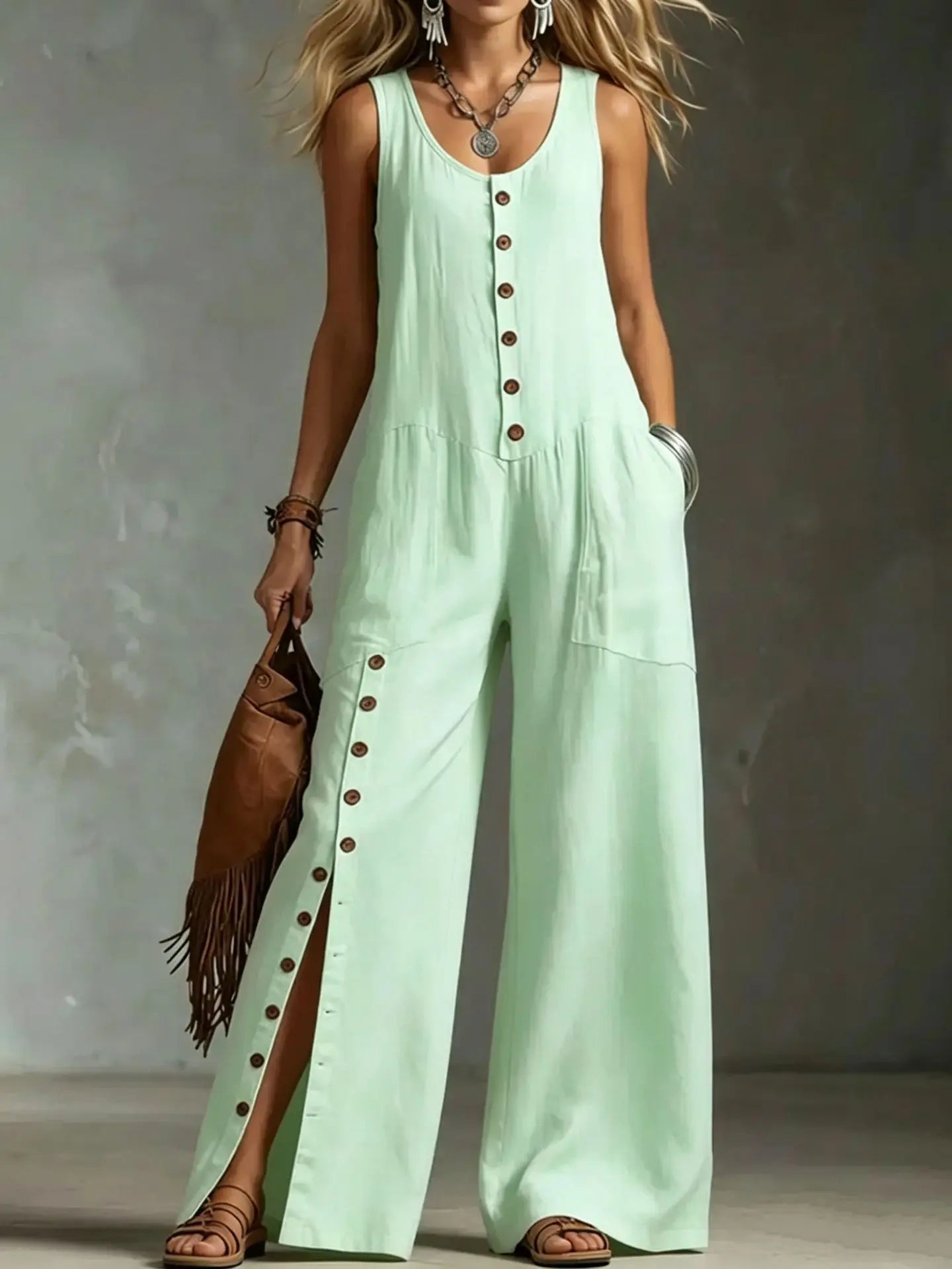Sleeveless Solid Color Wide Leg Jumpsuit With Front Button Placket for Women