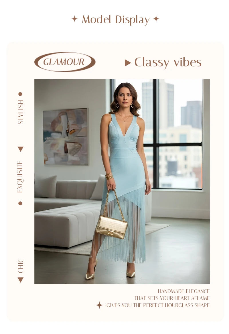 Light Blue Halter Neck Sleeveless Fringe Bandage Maxi Dress for Women