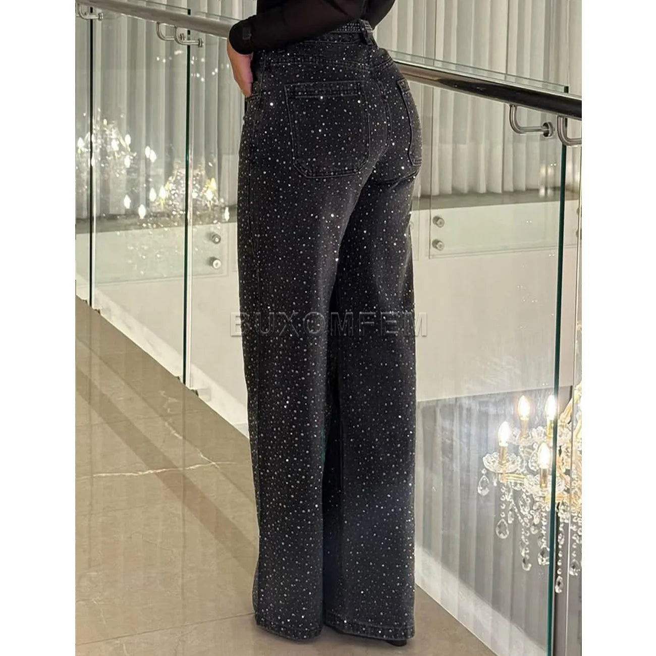 Women's Wide Leg Loose Jeans Drilled Straight Leg Pants 2025 Stylish Baggy Trousers Ladies Fashion Y2K Streetwear Outfit Bottoms