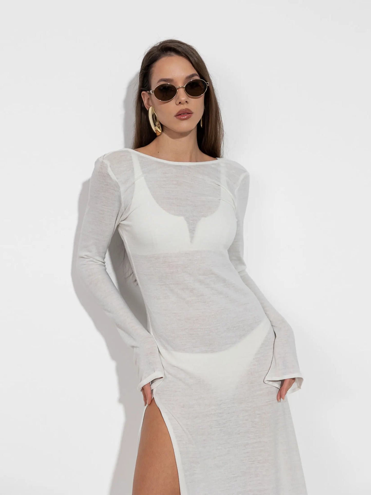 Women's White Knit See-through Swimwear Cover-up 2025 Summer Fall Clothes Sexy Backless Long Sleeve Split Beach Maxi Dress C82