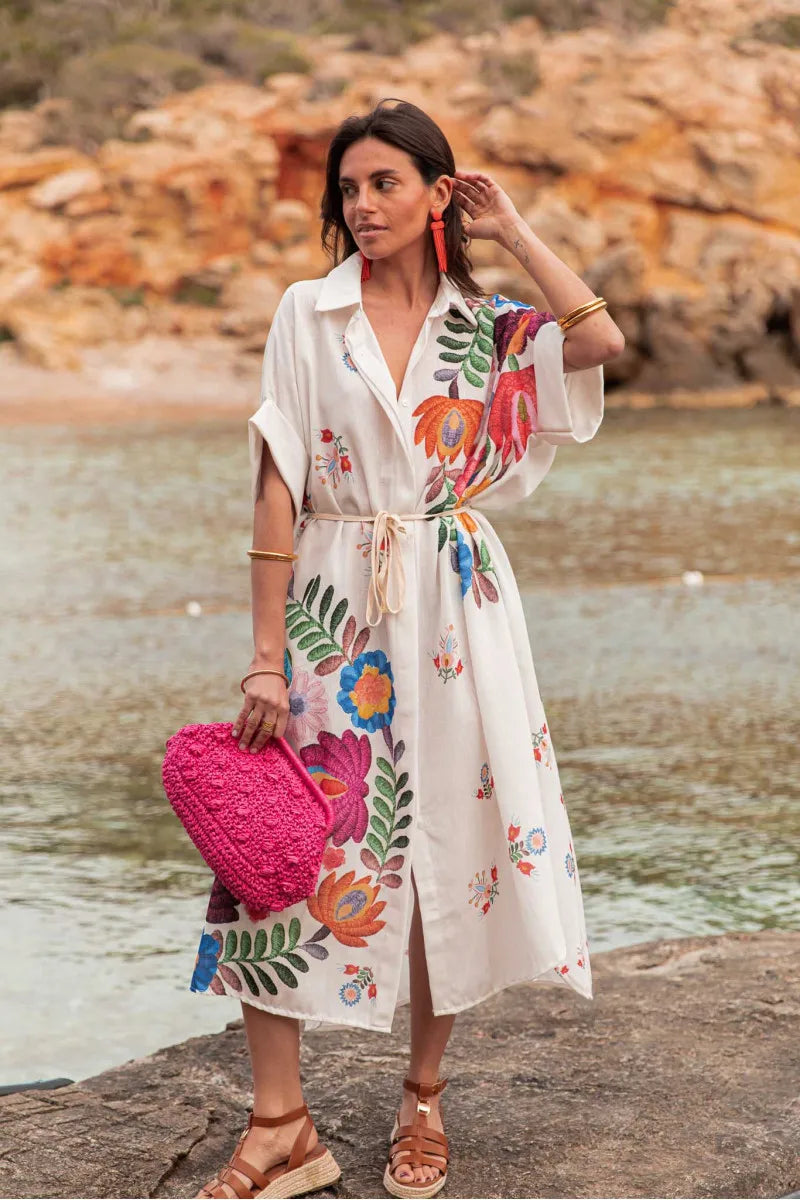 Bohemian Printed Lace-Up Loose-Fit Midi Dress for Women