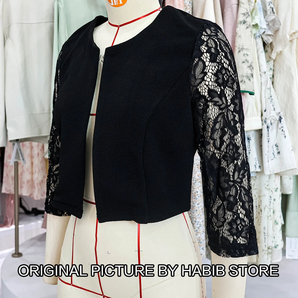 Women' Solid Casual Outwear Lace Long Sleeve Jacket Y2k Spring Autumn Elegant Zipper Coat Office Wear Slim Office Coat Crop Top