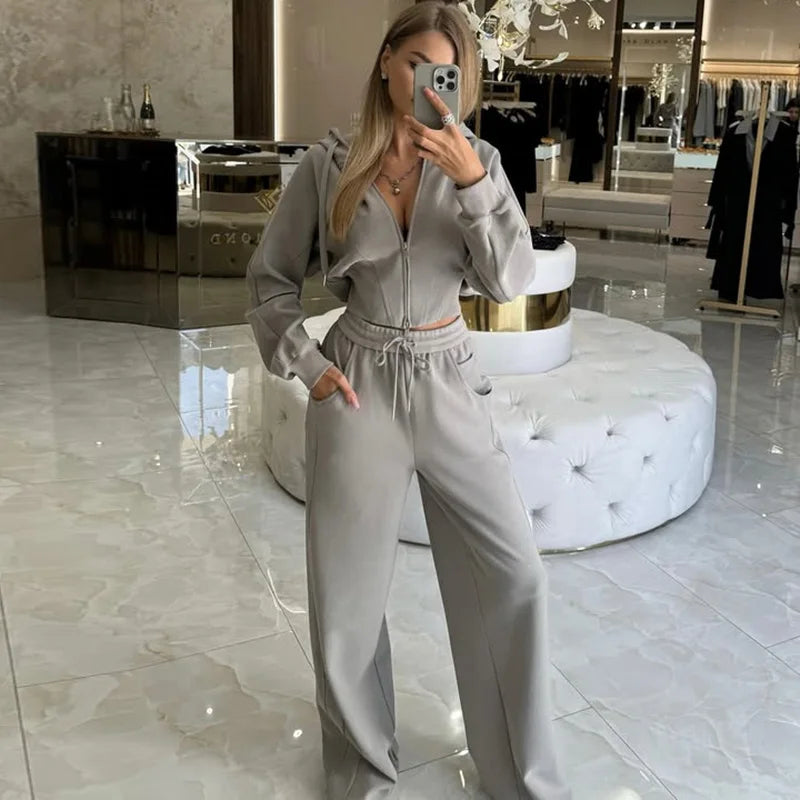 Zip Up Corset Hoodie And Wide Leg Sweatpants Two Piece Set For Women