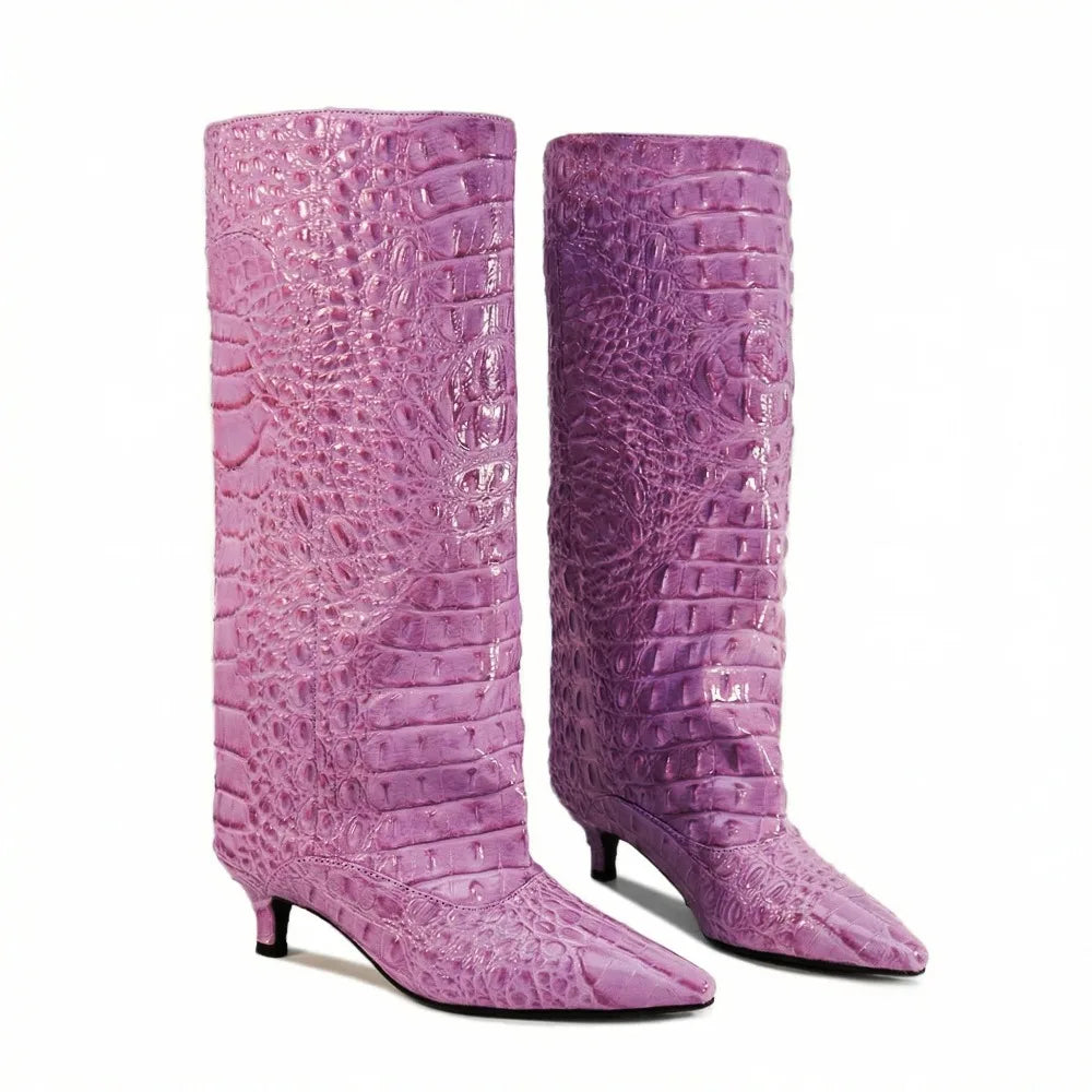 Crocodile Print Wide Shaft Kitten Heel Knee High Boots for Women