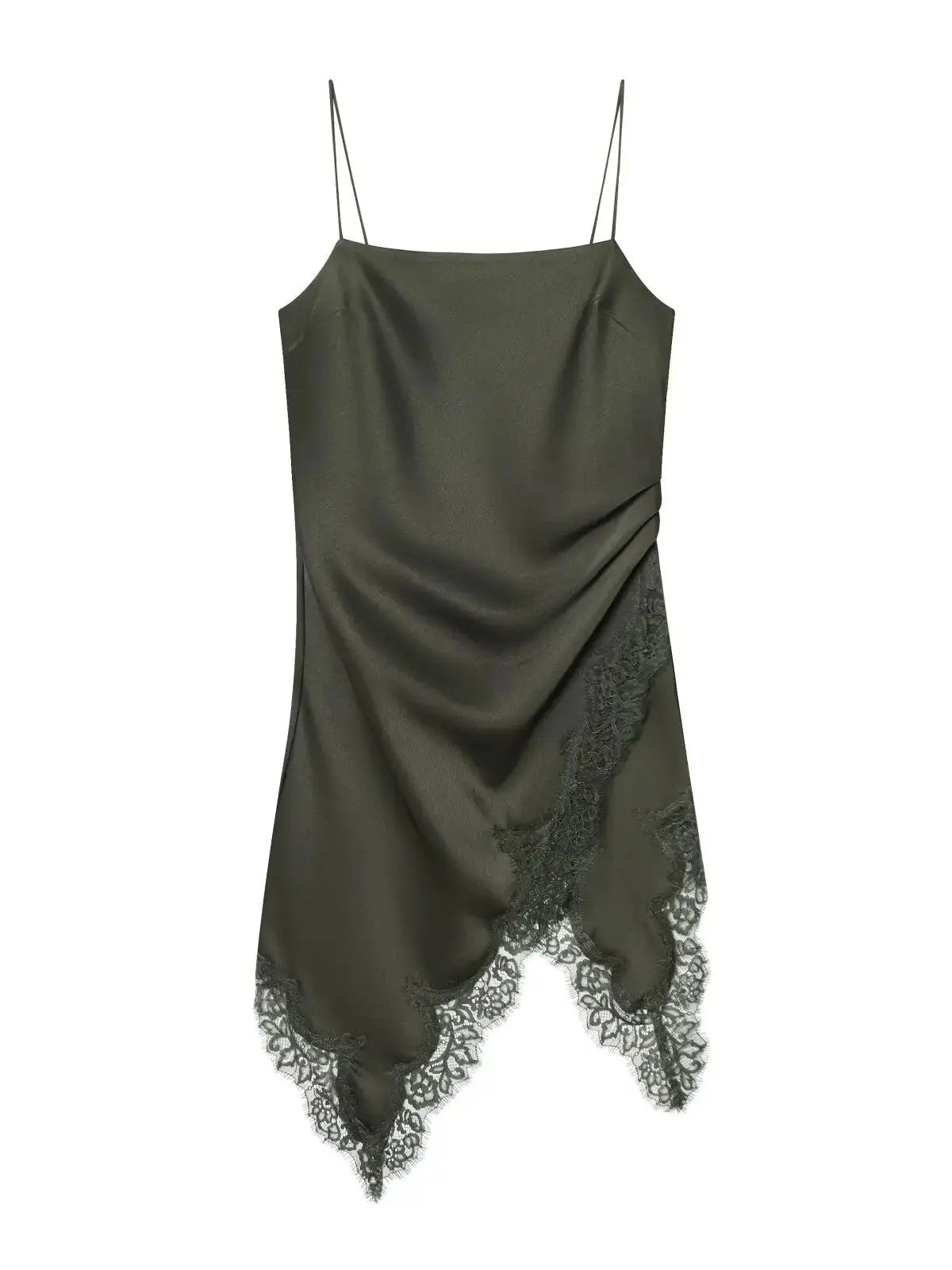 Elegant Dark Green Satin Lace Slip Evening Dress For Women
