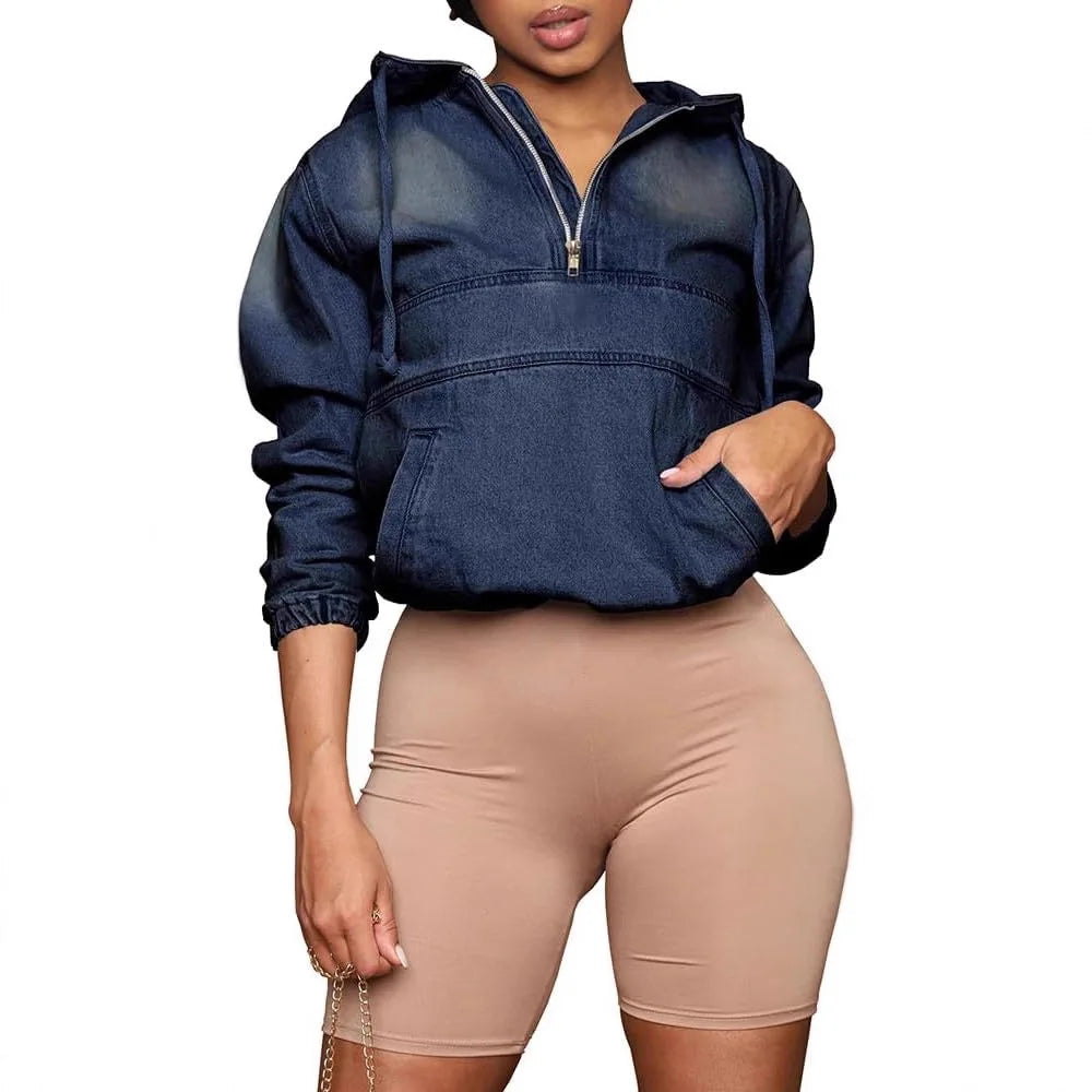 Hooded Denim Pullover Casual Short Jacket for Women