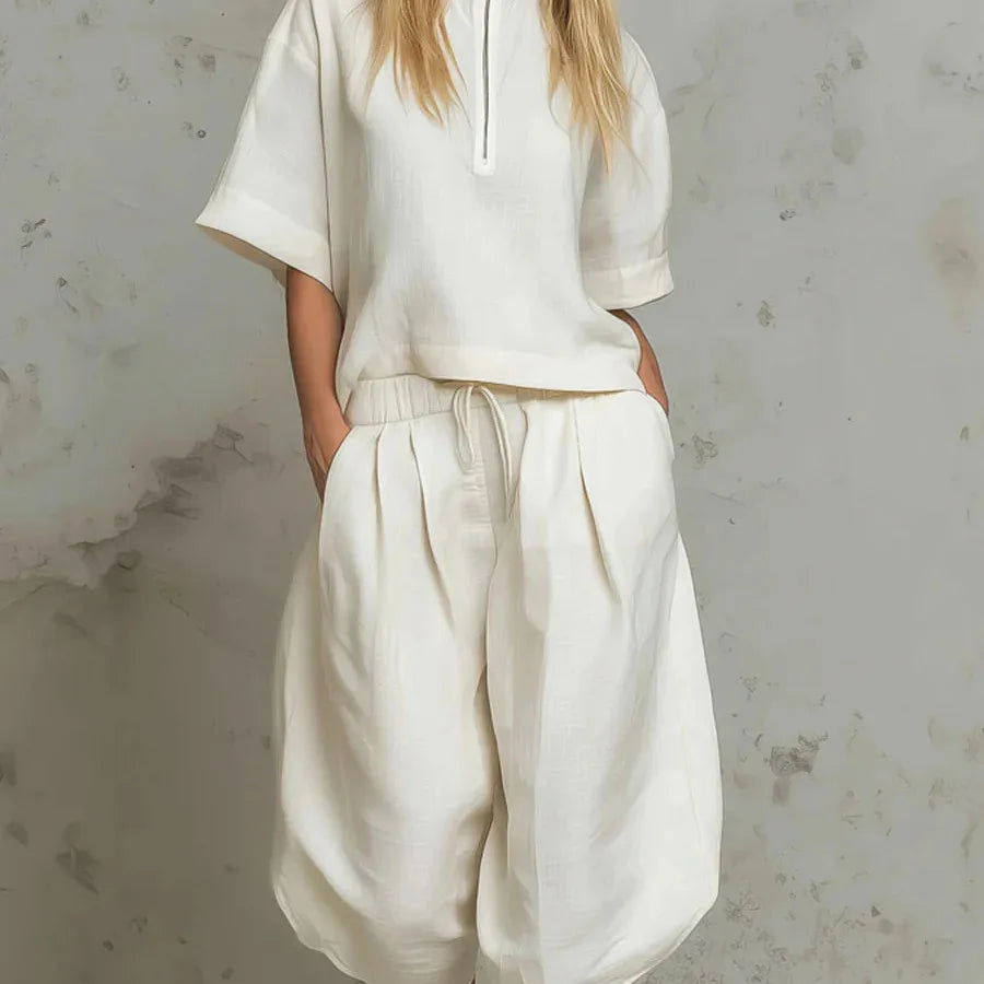 Casual Summer Zipper Neck Two Piece Shorts Set for Women