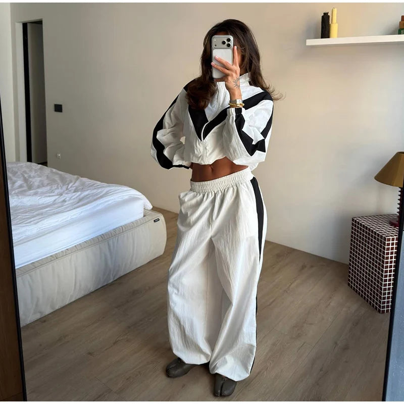 Color Block Zip Up Tracksuit With High Waist Shorts For Women