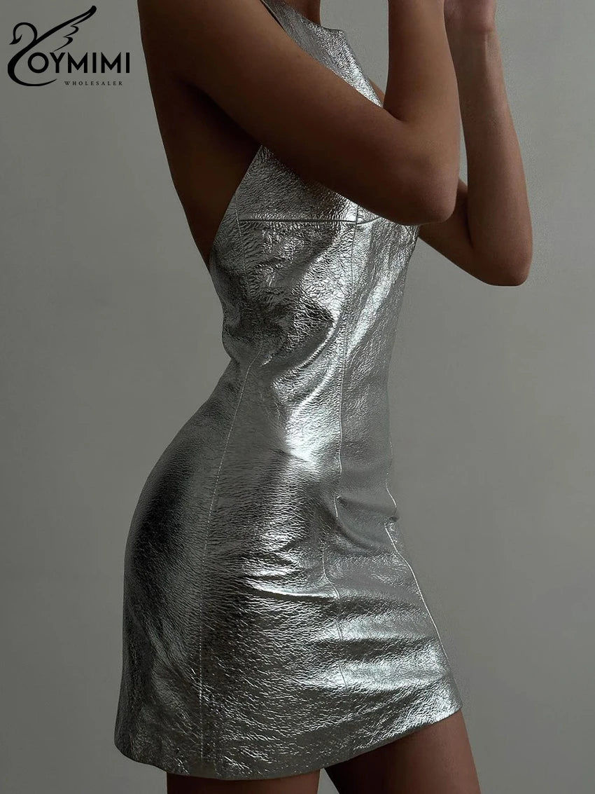 Oymimi Sexy Sliver Bodycon Dress Lady Fashion Slim O-Neck Sleeveless Mini Dress Elegant Classic Party Dresses For Women 2023