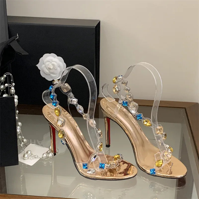 Multicolor Rhinestone Ankle Strap Stiletto Heels for Women
