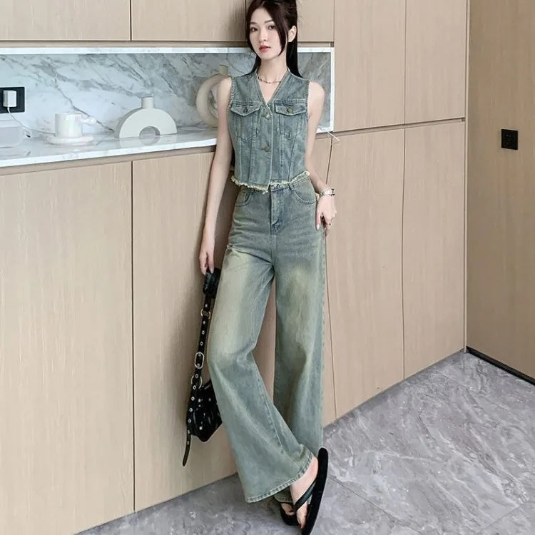 Frayed Denim Vest High Waisted Pants Set Sleeveless Jean Vest Top with Wide Leg Tapered Cropped Pants for Women Summer Outfit