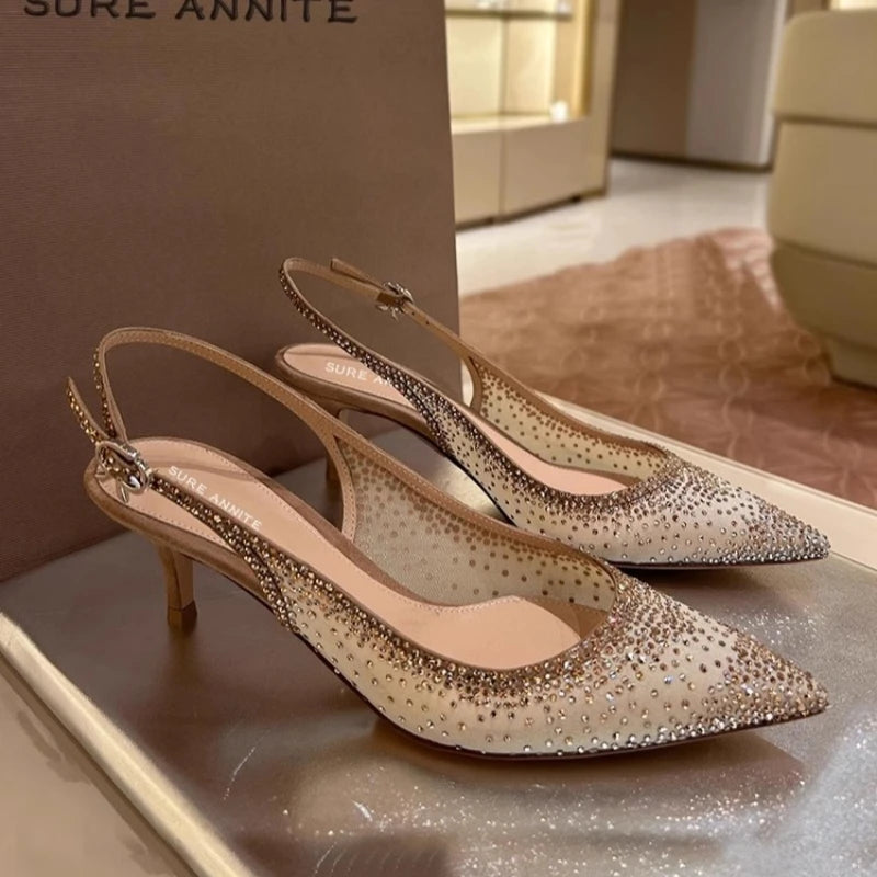 Rhinestone Mesh Pointed Toe Thin High Heels for Women