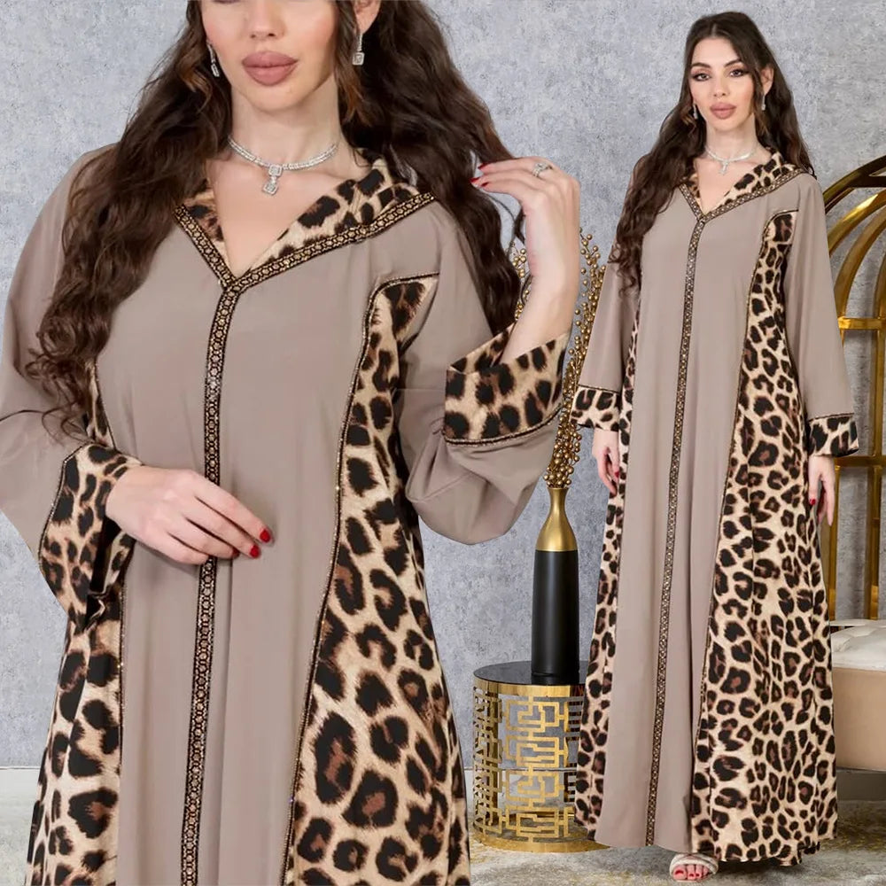 Leopard Print Color Block V Neck Abaya